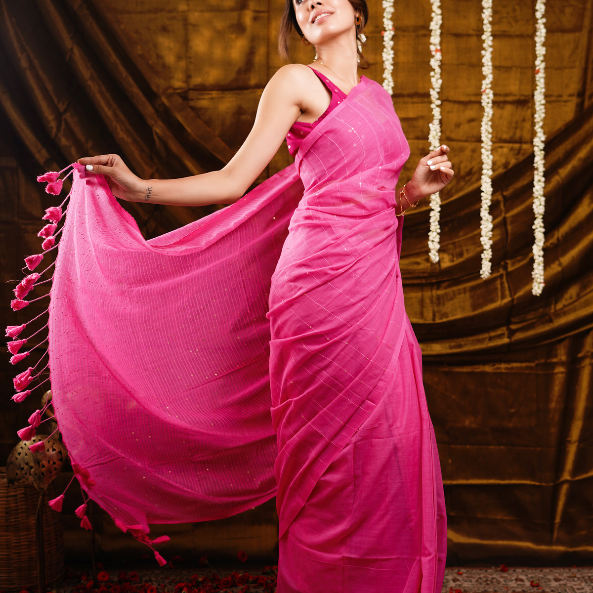 Pink Checks Mul Mul Cotton Saree main image 0