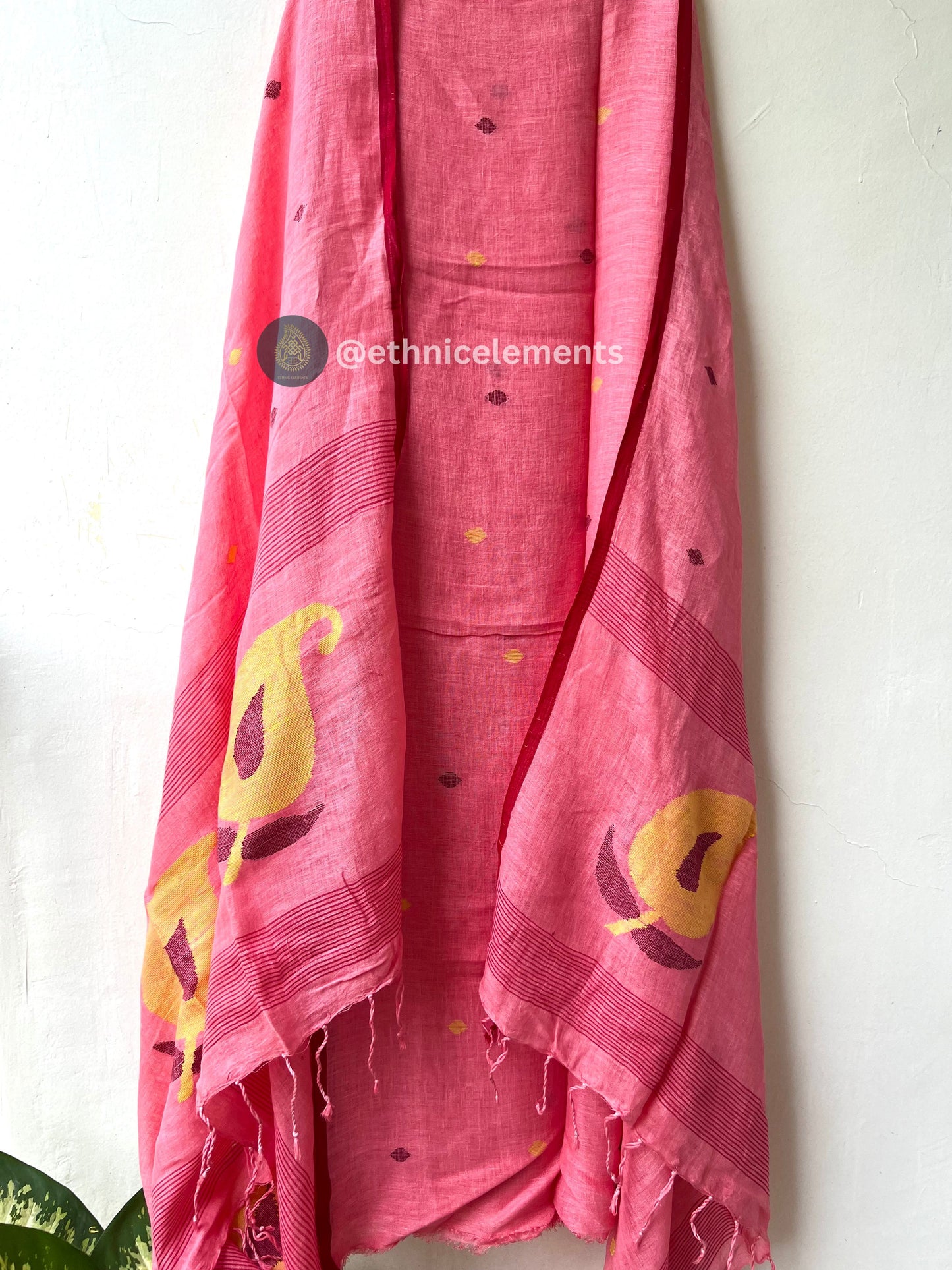 Hand Woven Linen Jamdani Suit Set- Lollipop