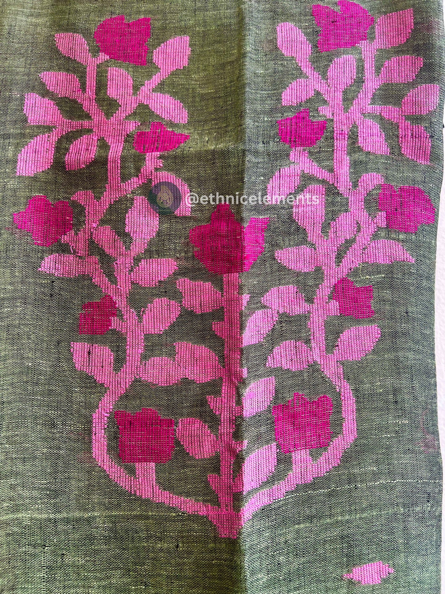 Hand Woven Linen Jamdani Suit Set- Dried Grass