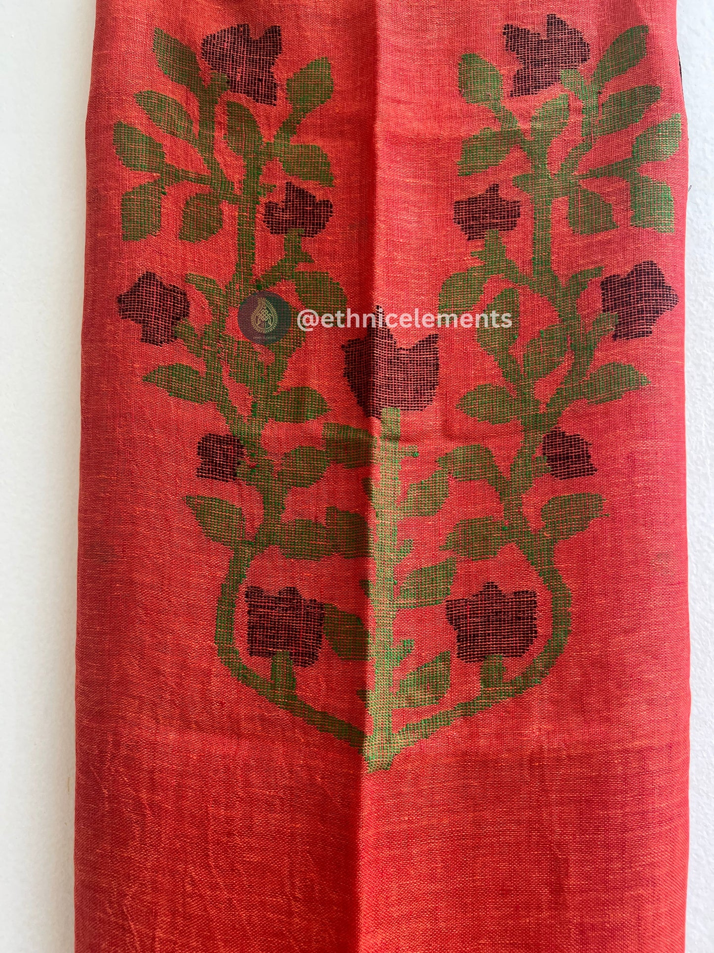 Hand Woven Linen Jamdani Suit Set- Brick Red