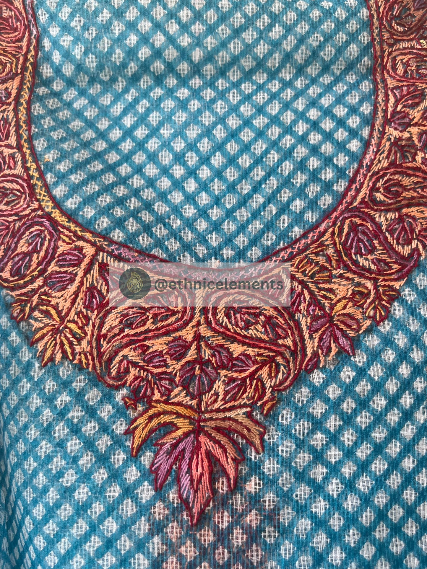 Kota Doria Cotton Suit Set With Kashmiri Work - Touch Of Sky