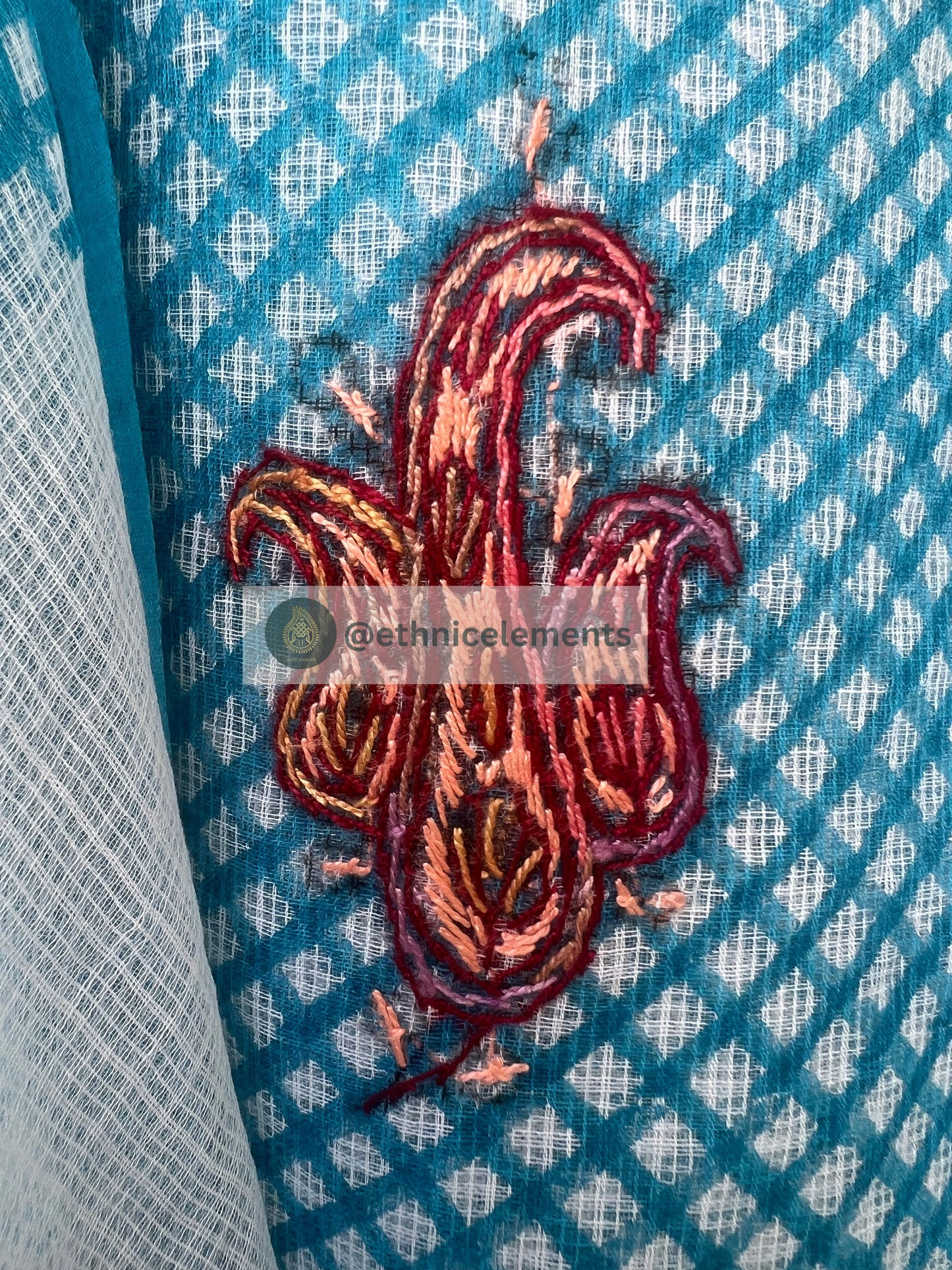 Kota Doria Cotton Suit Set With Kashmiri Work - Touch Of Sky