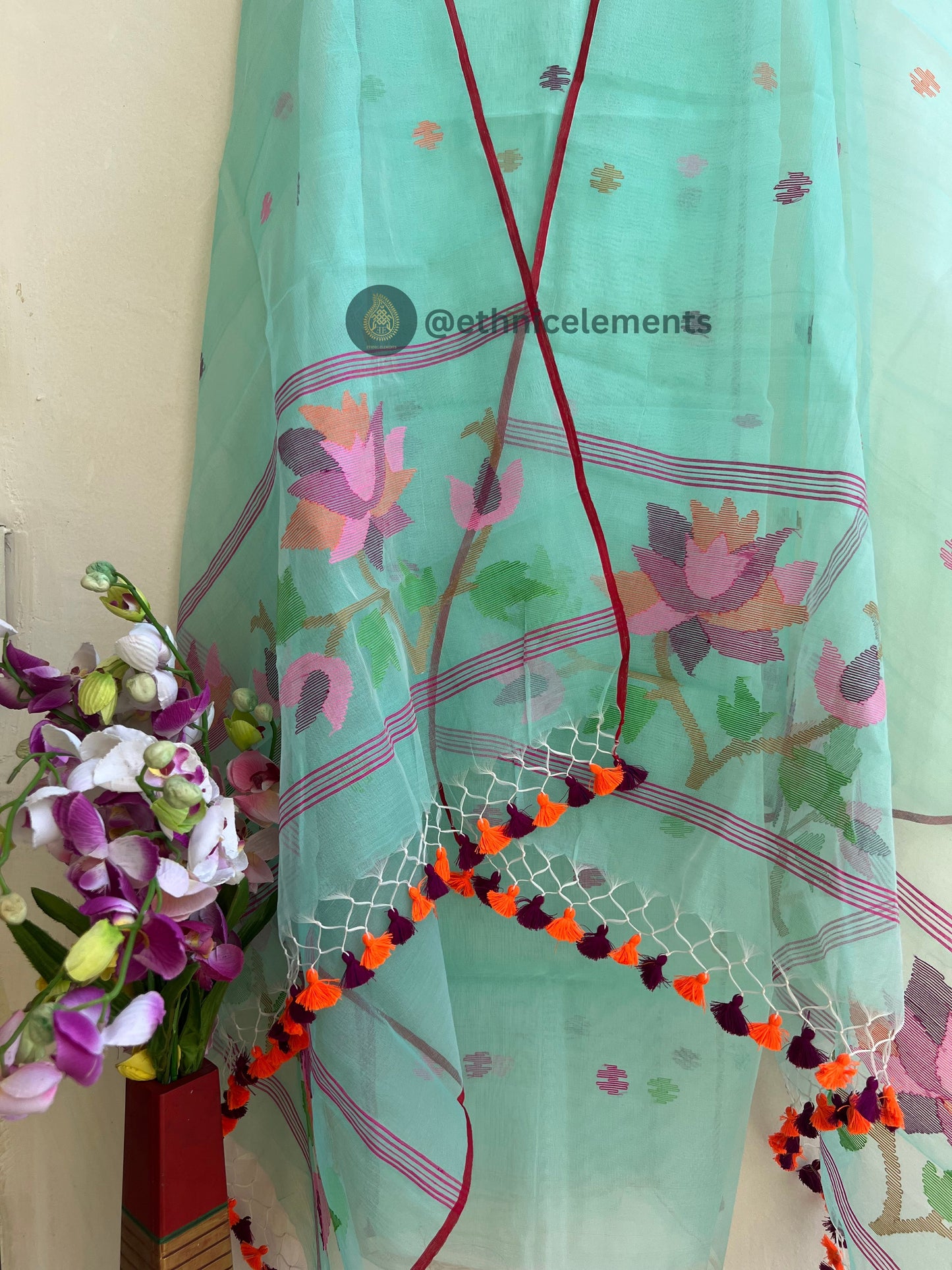 Resham Muslin Jamdani Suit Set- Turquoise