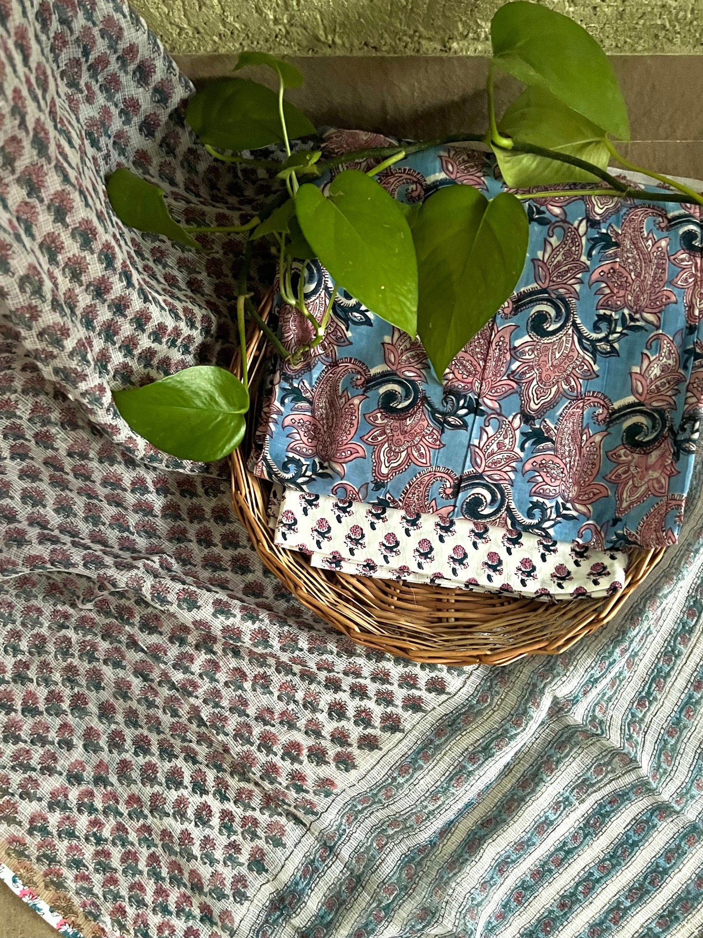 Handblock Printed Cotton Suit Blue Pink