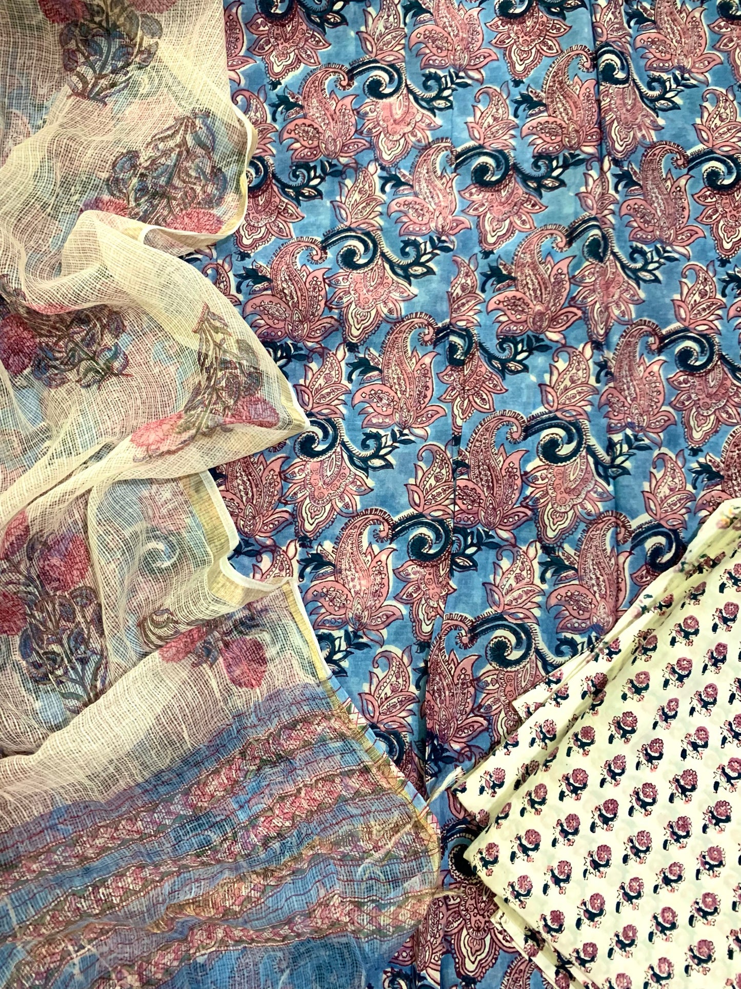 Handblock Printed Cotton Suit Blue Pink
