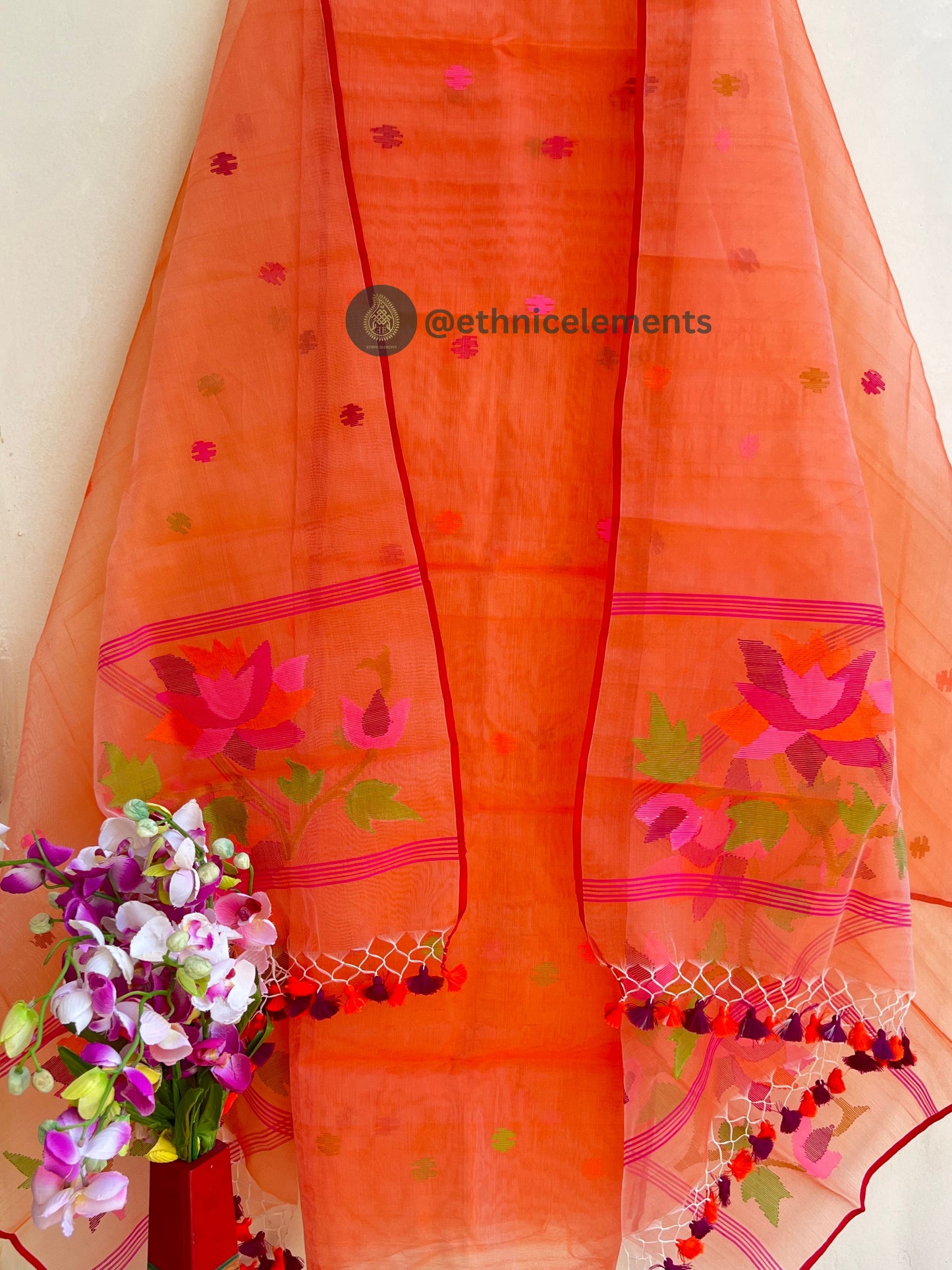 Resham Muslin Jamdani Suit Set- Candy Orange