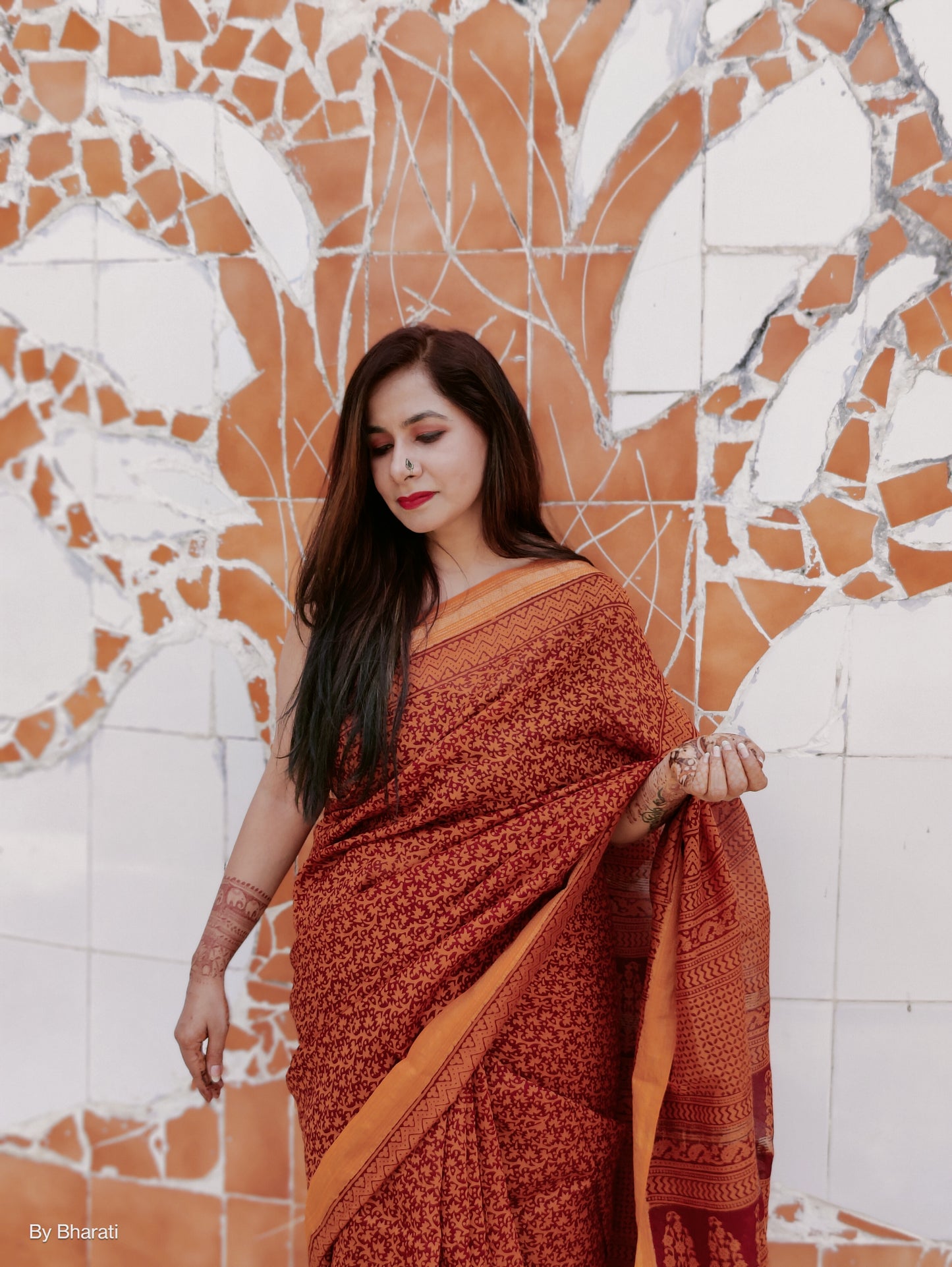 Maheshwari Bagh Handblock Printed Saree - Mustard