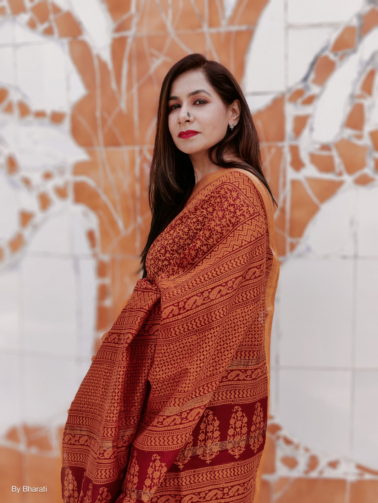 Maheshwari Bagh Handblock Printed Saree - Mustard