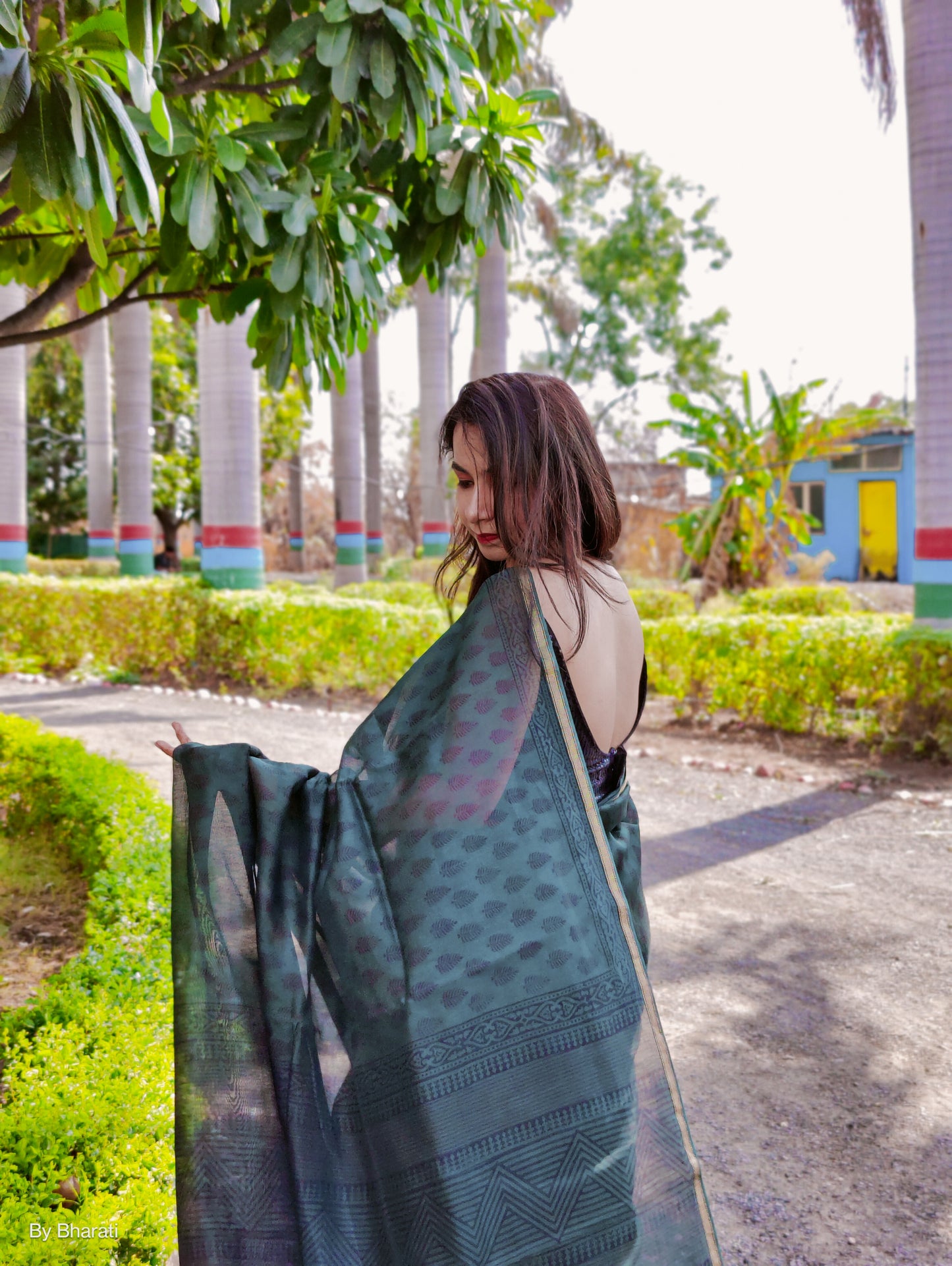Maheshwari Bagh Handblock Printed Saree - Peacock Green