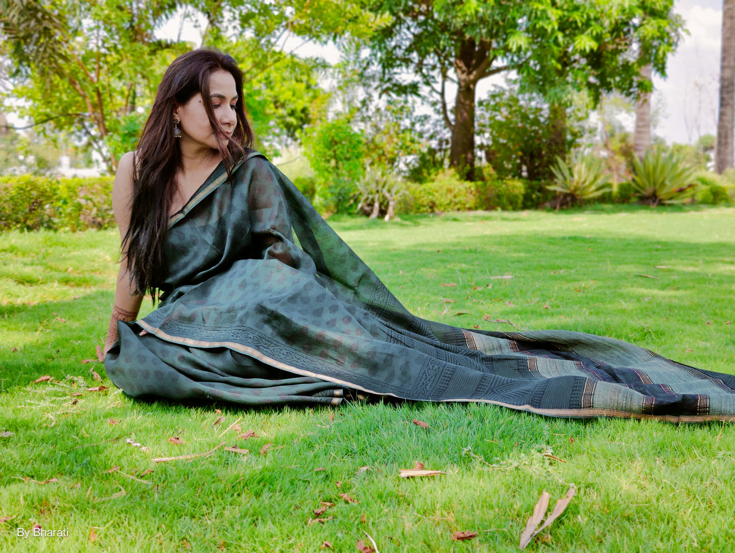 Maheshwari Bagh Handblock Printed Saree - Peacock Green
