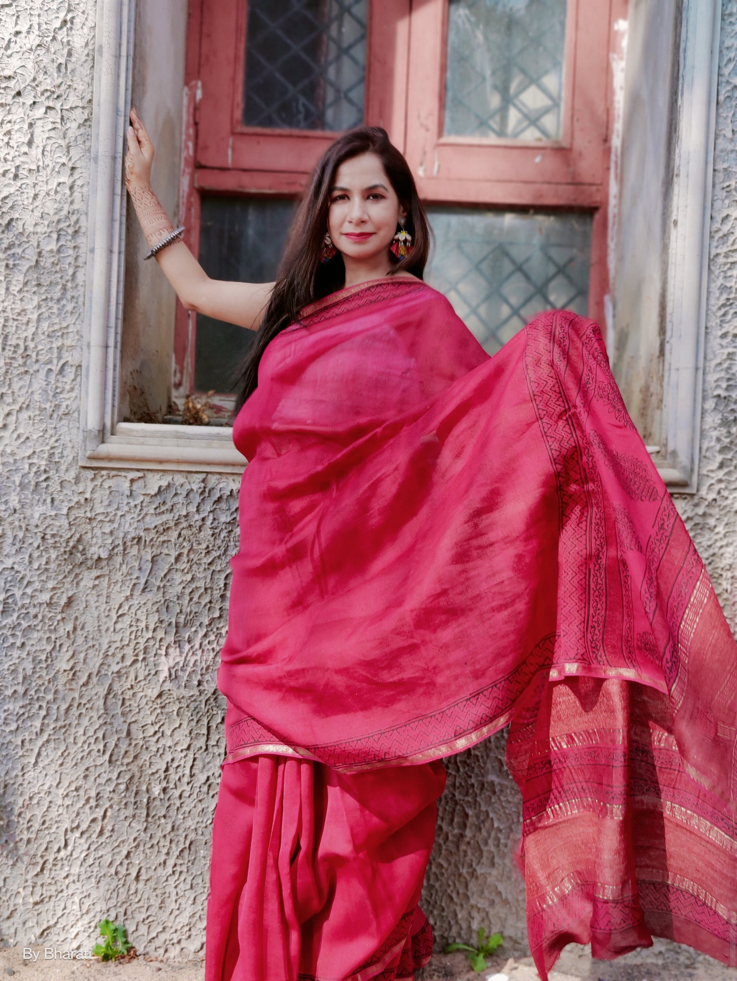 Maheshwari Bagh Handblock Printed Sarees - Rani Pink