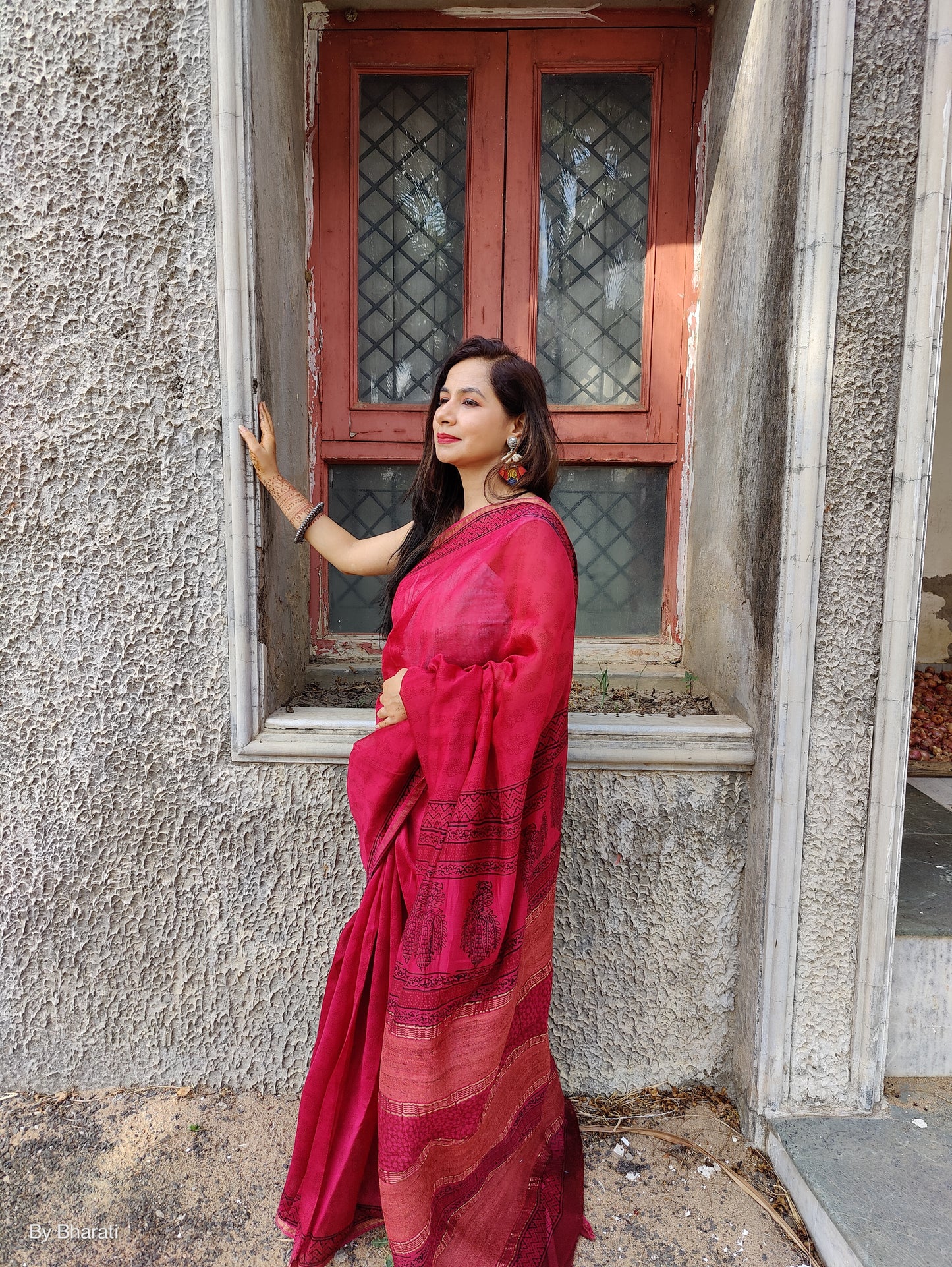 Maheshwari Bagh Handblock Printed Sarees - Rani Pink