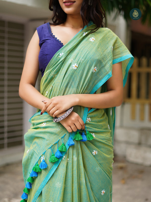 Mul Cotton Embroidered Saree - Shiuli Greenish Blue