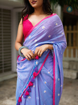 Mul Cotton Embroidered Saree - Shiuli Lilac