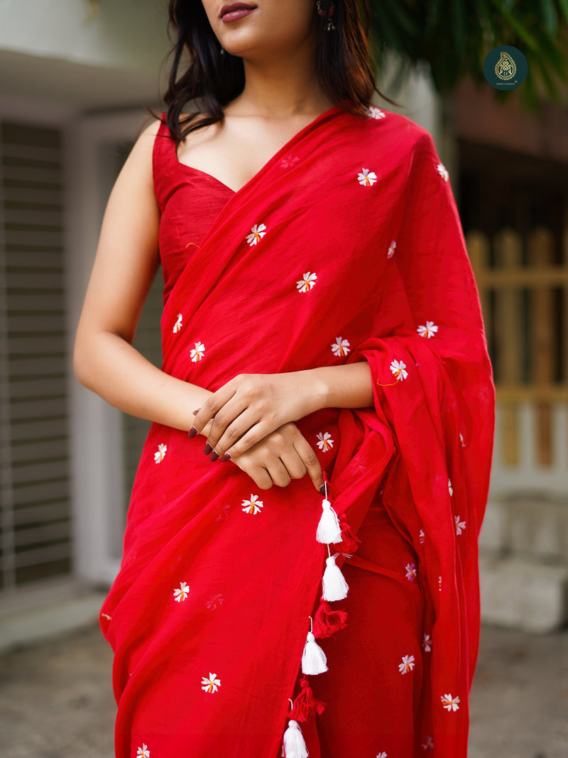 Mul Cotton Embroidered Saree - Shiuli Red