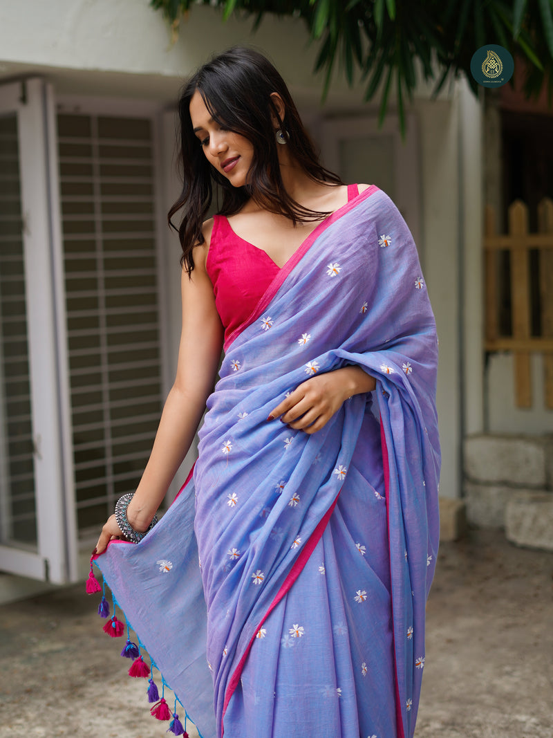 Mul Cotton Embroidered Saree - Shiuli Lilac