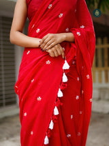 Mul Cotton Embroidered Saree - Shiuli Red