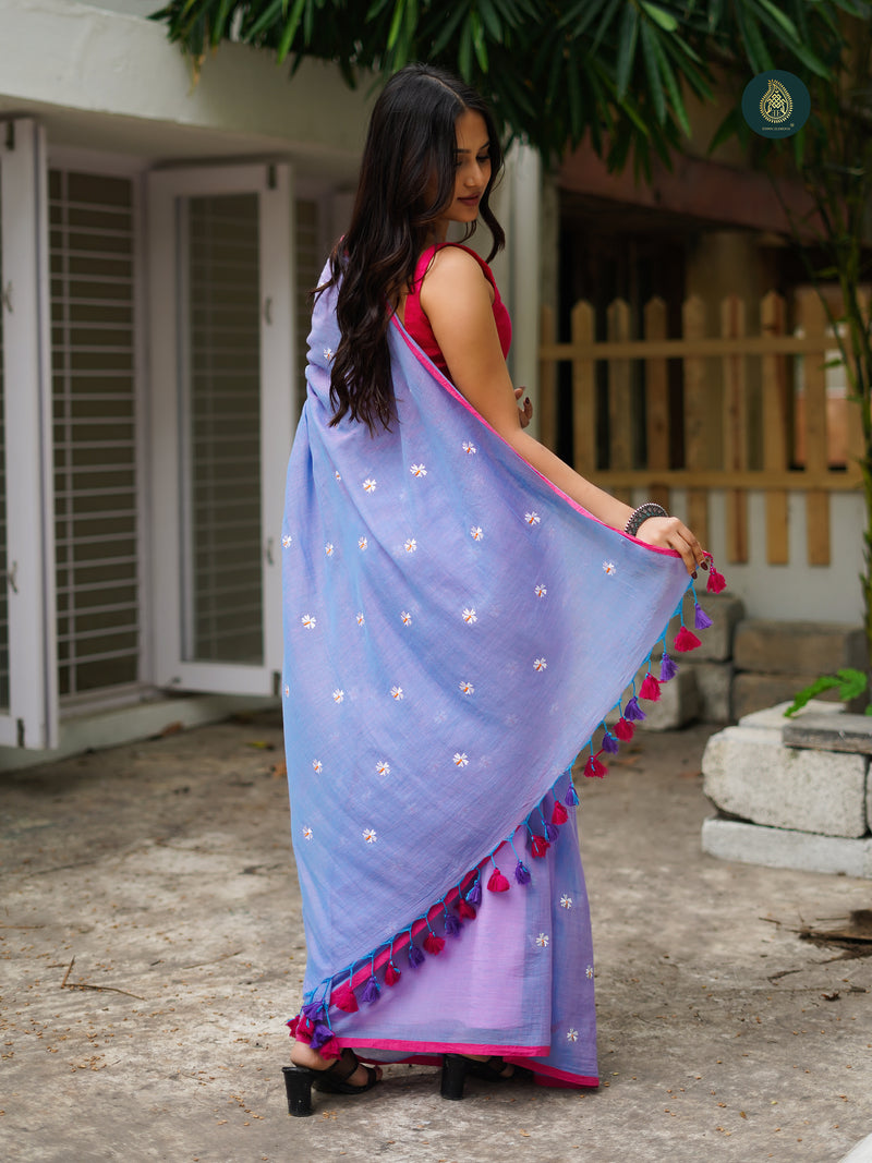 Mul Cotton Embroidered Saree - Shiuli Lilac