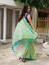 Mul Cotton Embroidered Saree - Shiuli Greenish Blue