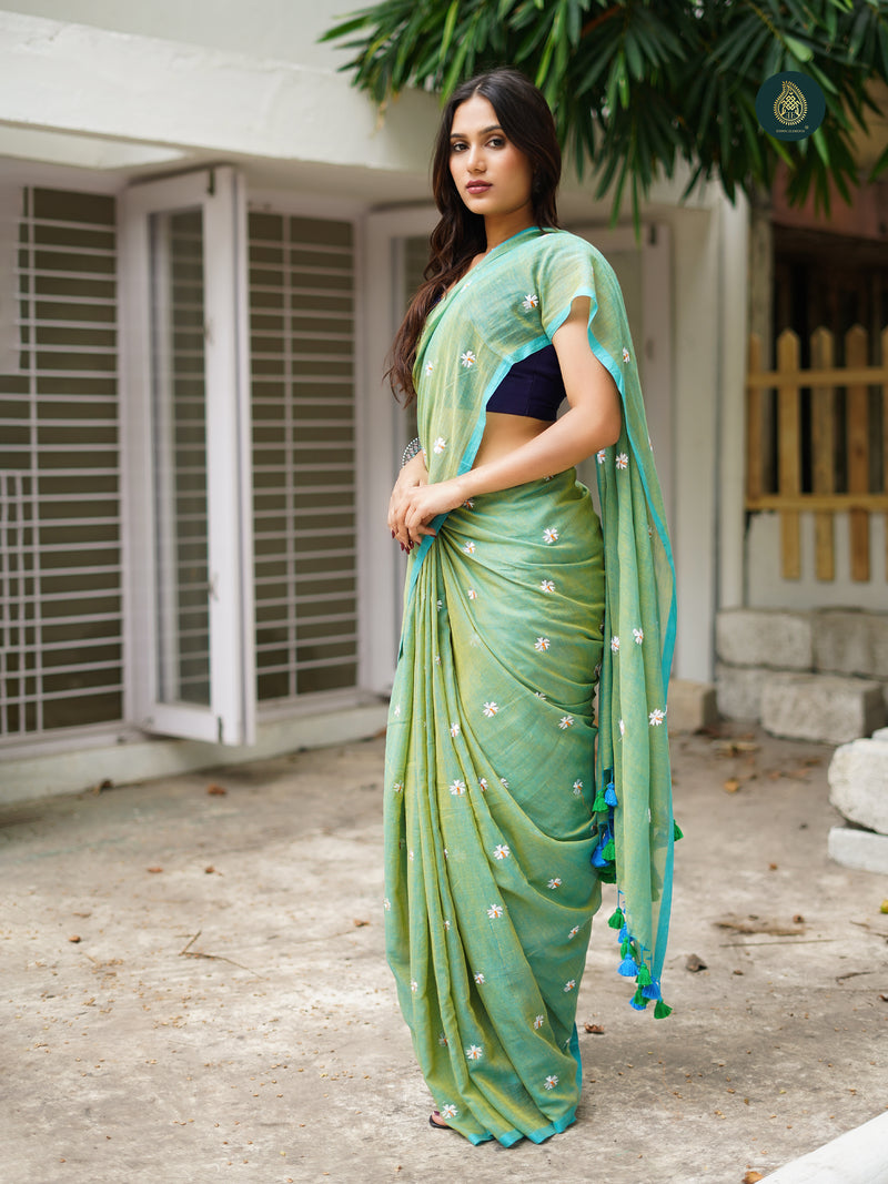 Mul Cotton Embroidered Saree - Shiuli Greenish Blue