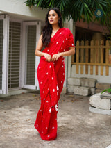 Mul Cotton Embroidered Saree - Shiuli Red