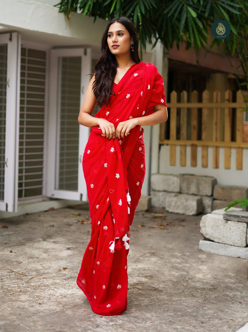 Mul Cotton Embroidered Saree - Shiuli Red