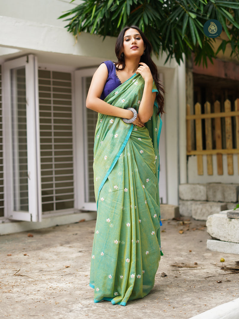 Mul Cotton Embroidered Saree - Shiuli Greenish Blue