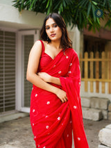 Mul Cotton Embroidered Saree - Shiuli Red