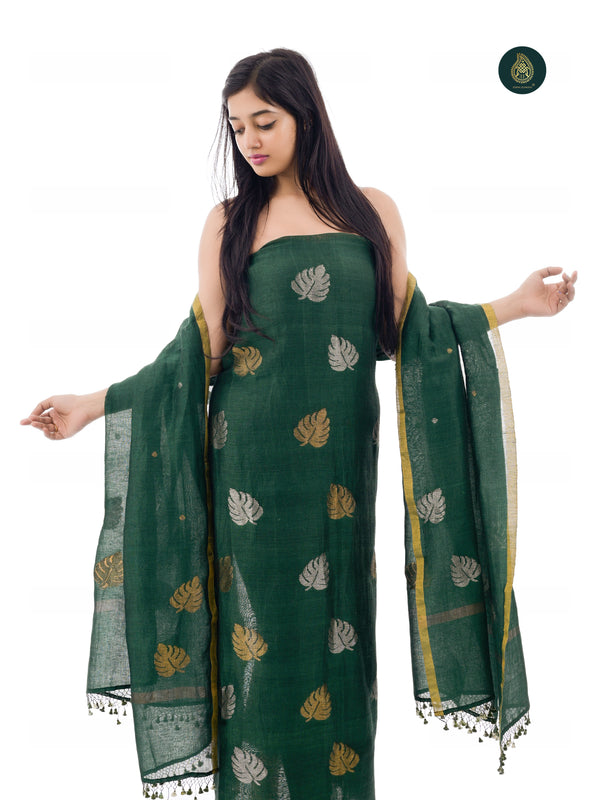 Hand Woven Linen Jamdani Suit Set- Jade Green