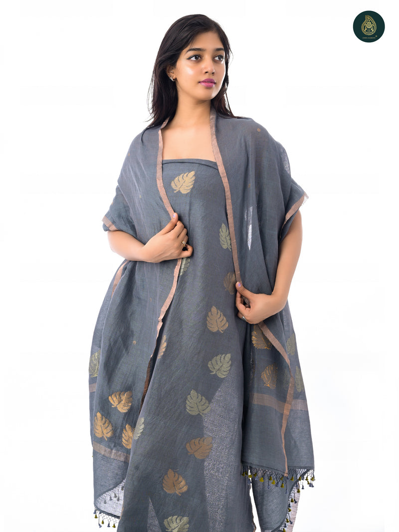 Hand Woven Linen Jamdani Suit Set- Ash