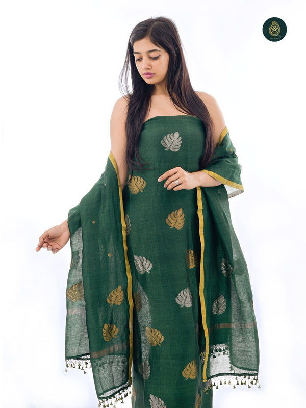 Hand Woven Linen Jamdani Suit Set- Jade Green