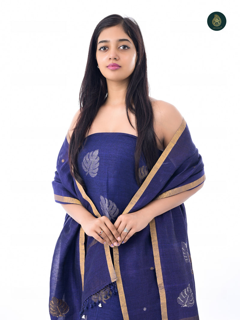 Hand Woven Linen Jamdani Suit Set- Robin Blue