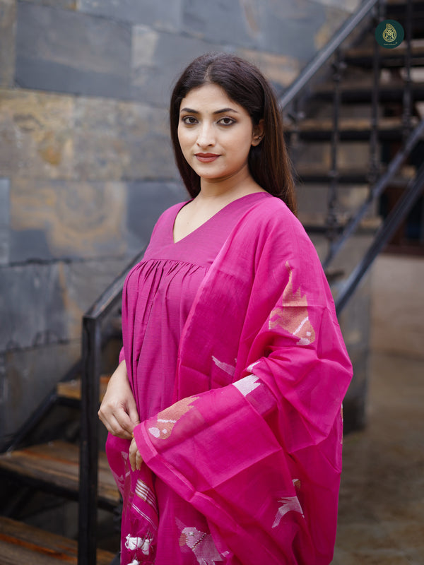 Magenta Pink Silk Kurta & Bottom Stitched Suit ( 3 Piece Set )