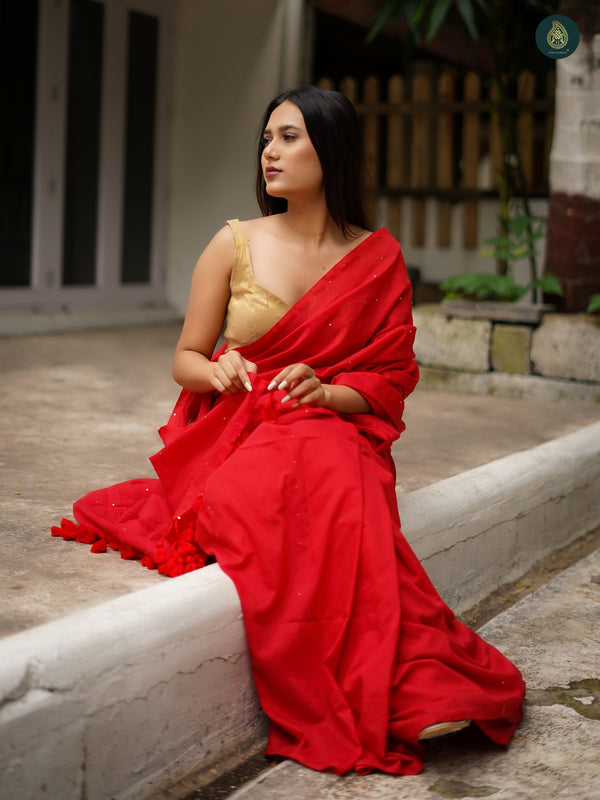 Mul Cotton Sequence Saree - Charming Red