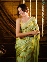 Pista Green Golden Zari Stripped Mul Cotton Saree