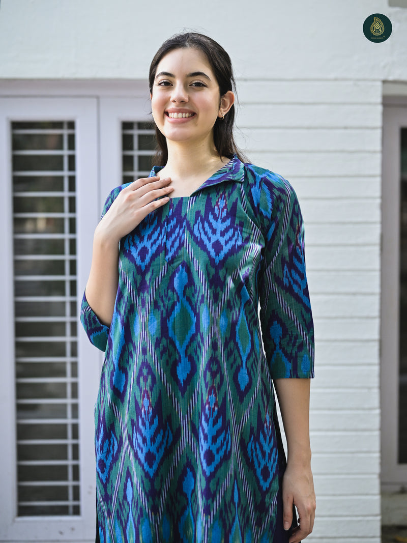 Uzbek Ikkat Blue Kurta & Bottom Stitched Suit ( 2 Piece Set )