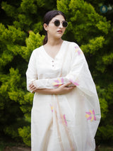 Pearl White Silk Kurta & Bottom Suit ( 3 Piece Set )