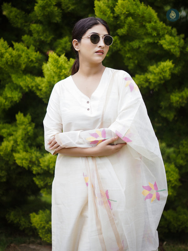 Stitched Cotton Silk Kurta, Bottom & Duppata Pearl White (3 Piece Set )