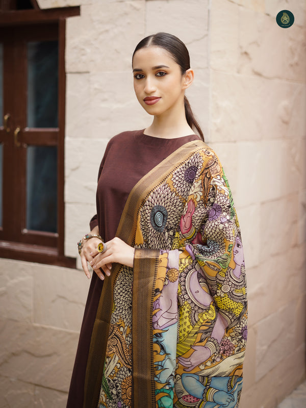 Umber Brown Silk Kurta & Bottom Suit ( 3 Piece Set )