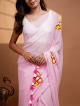 Baby Pink Hand Painted Mul Cotton Saree