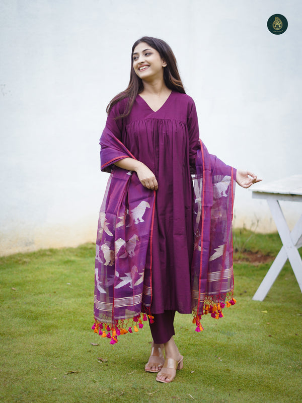 Stitched Cotton Silk Kurta, Bottom & Duppata Mauve (3 Piece Set )