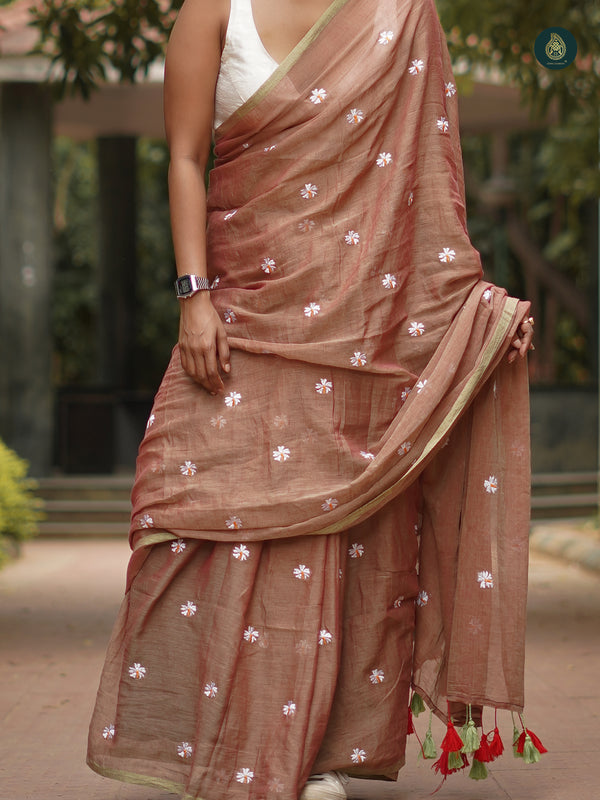 Mul Cotton Embroidered Saree - Shiuli Mocha