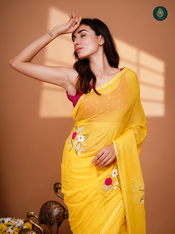 Paradise Yelow Mul Mul Cotton Embroidered Saree