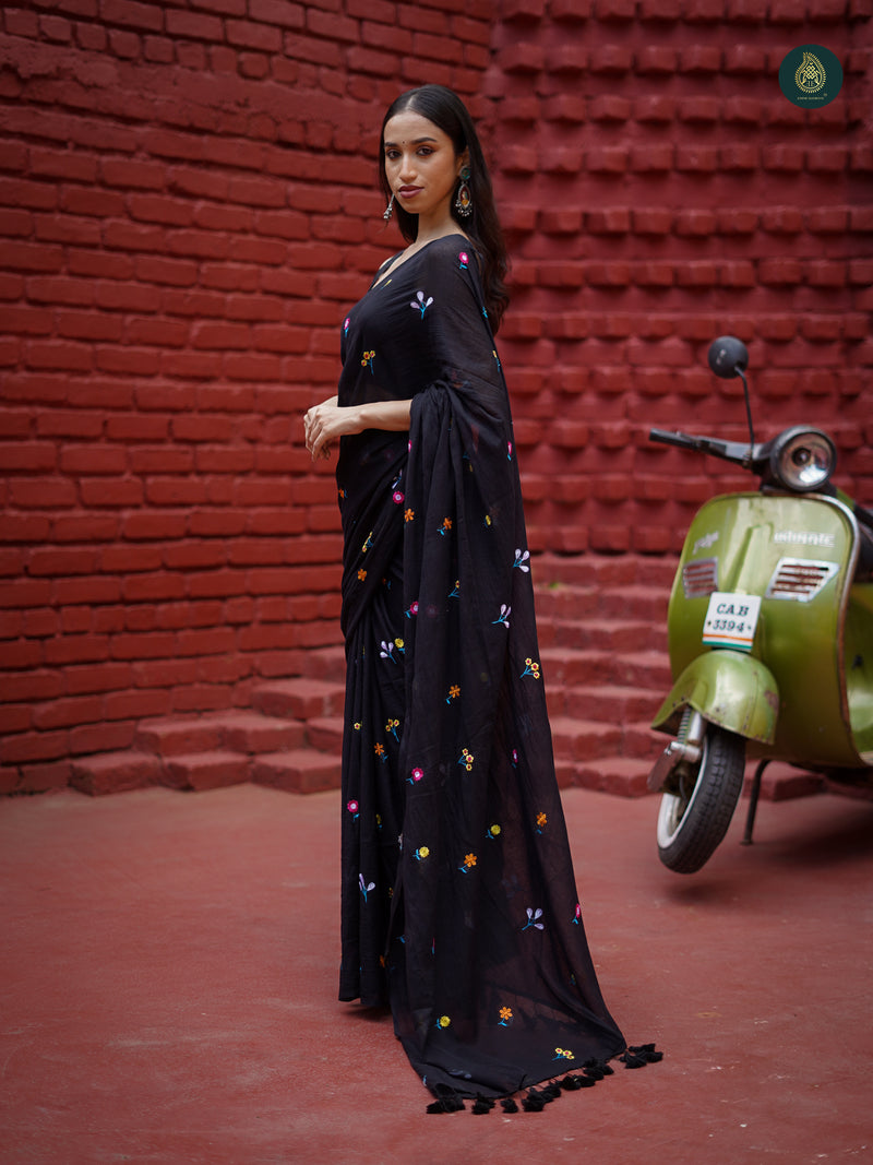 Coal Black Mul Mul Cotton Solid Saree