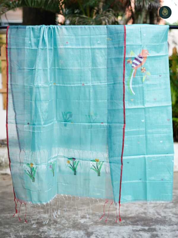 Teal Blue Birdy Hand Weaved Linen Suit Set