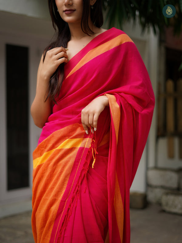 Solid Mul Cotton Saree - Sunrise Red