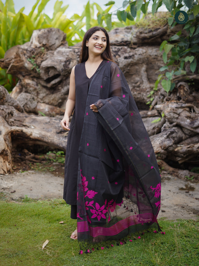 Jade Black Silk Kurta & Bottom Suit ( 3 Piece Set )