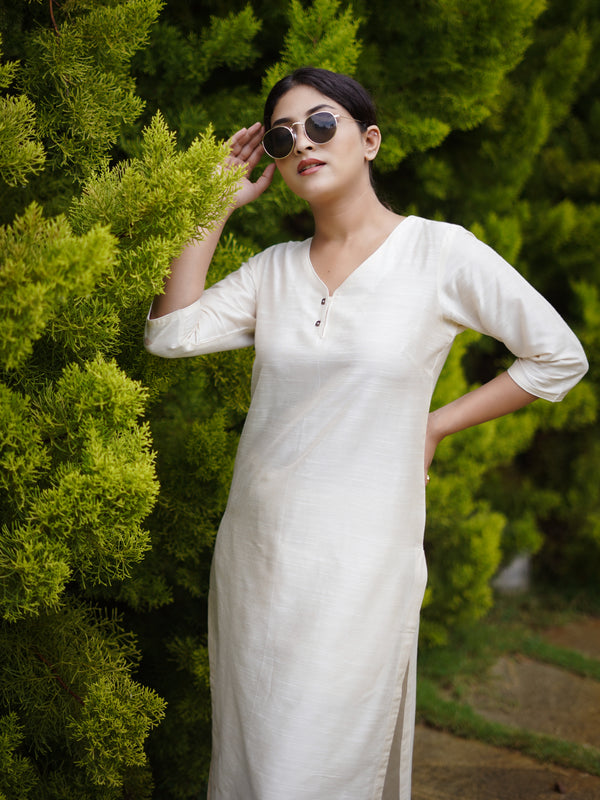 Pearl White Silk Kurta & Bottom Suit ( 2 Piece Set )