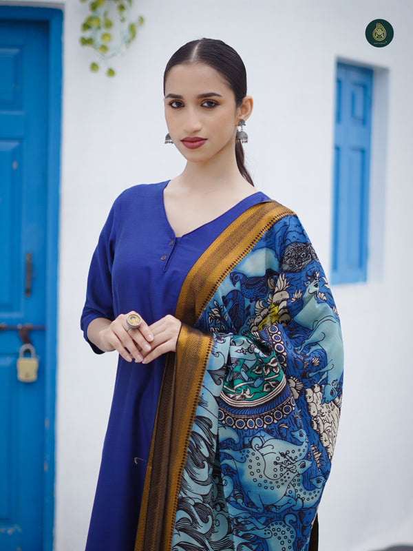 Stitched Cotton Silk Kurta, Bottom & Duppata Royal Blue (3 Piece Set )