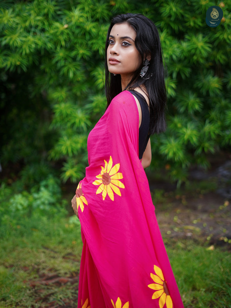 Mul Cotton Handpainted Saree - Charmed Pink Sunflower